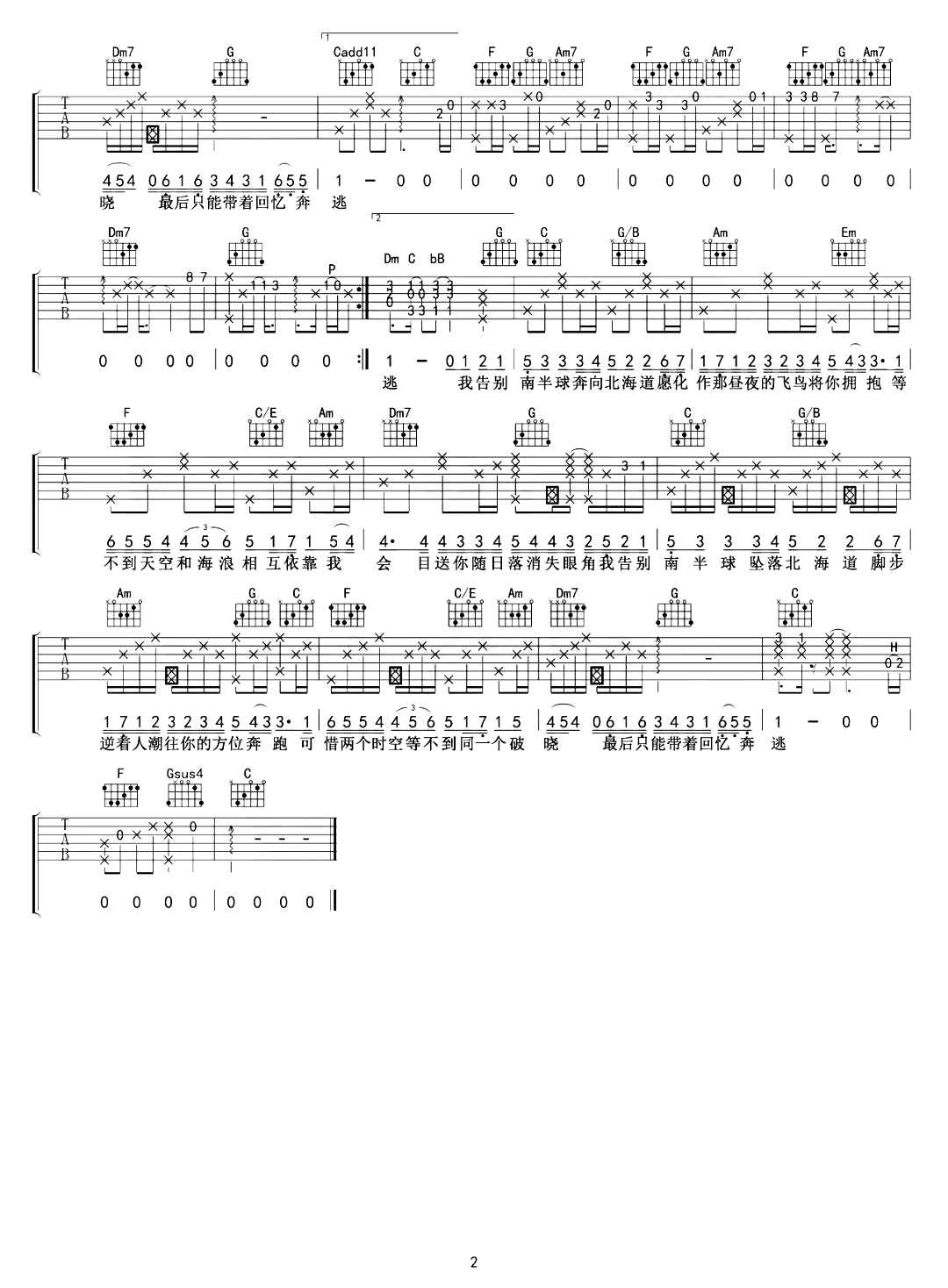 南半球与北海道吉他谱范倪liuc调弹唱六线谱
